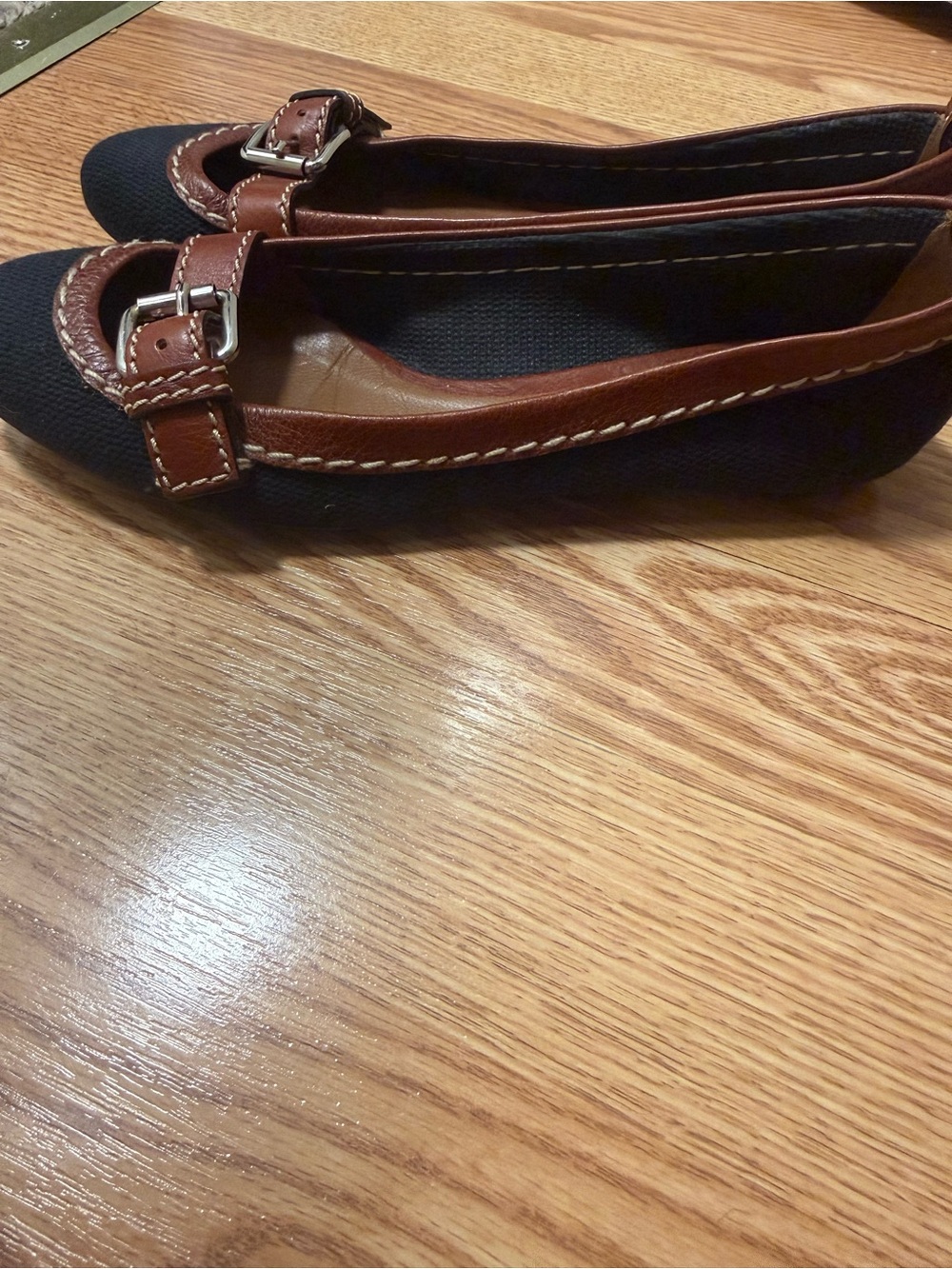 Chloe Brown Leather-Trim Black Canvas Flats with Buckle - Picture 12 of 12